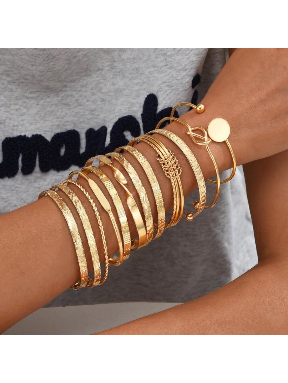 Women's Indian Bangles Set, Multi Layer Textured 14k Gold Plated Chunky Bracelet - Picture 4 of 7